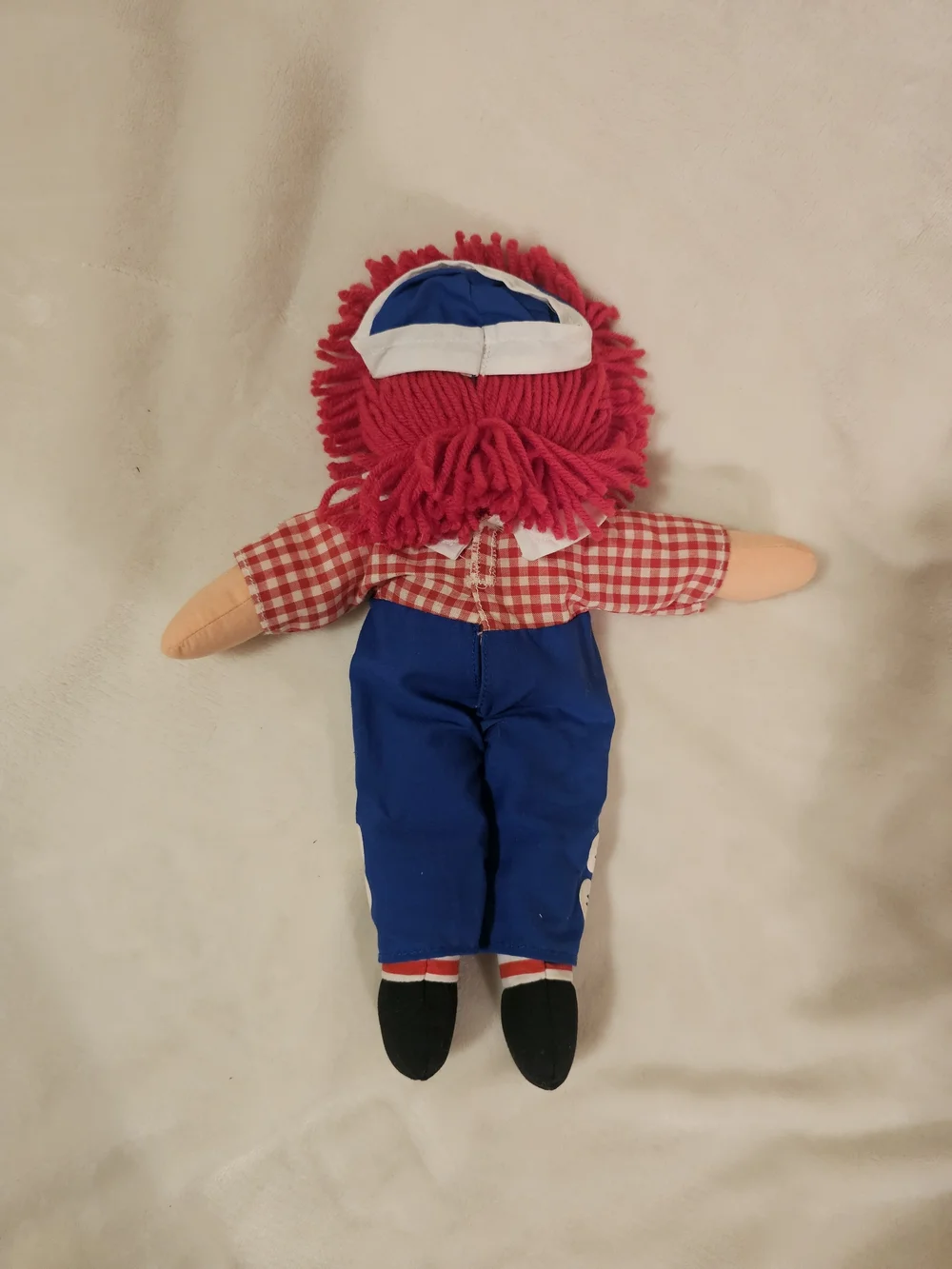 Vintage Raggedy Andy Doll Red Yarn Hair Blue Overalls Cloth Rag Doll